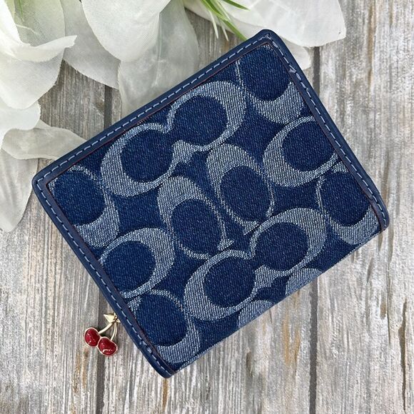 Coach Snap Wallet In Signature Denim With Cherry Charm Bag Purse - Picture 6 of 11